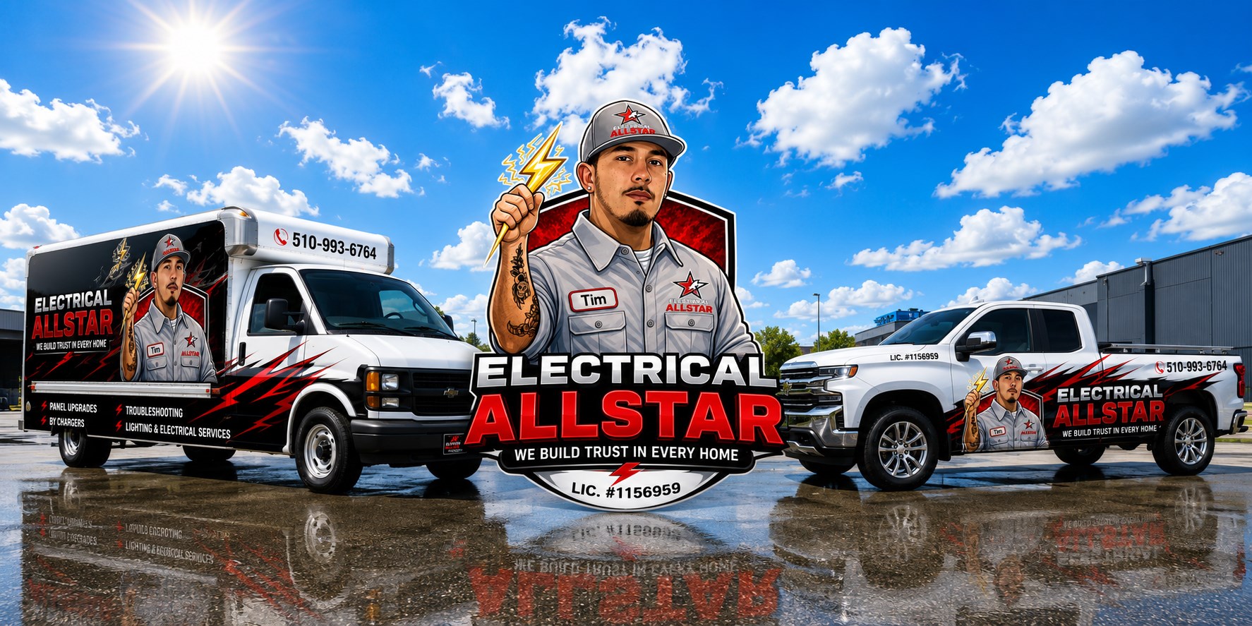 Electrical Allstar branded van and truck fleet with logo and phone number